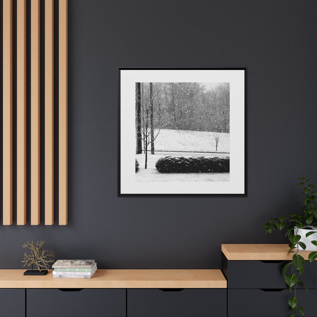 Framed Snowing in the Park - Framed Matte Canvas Print — Black & White Snow Landscape