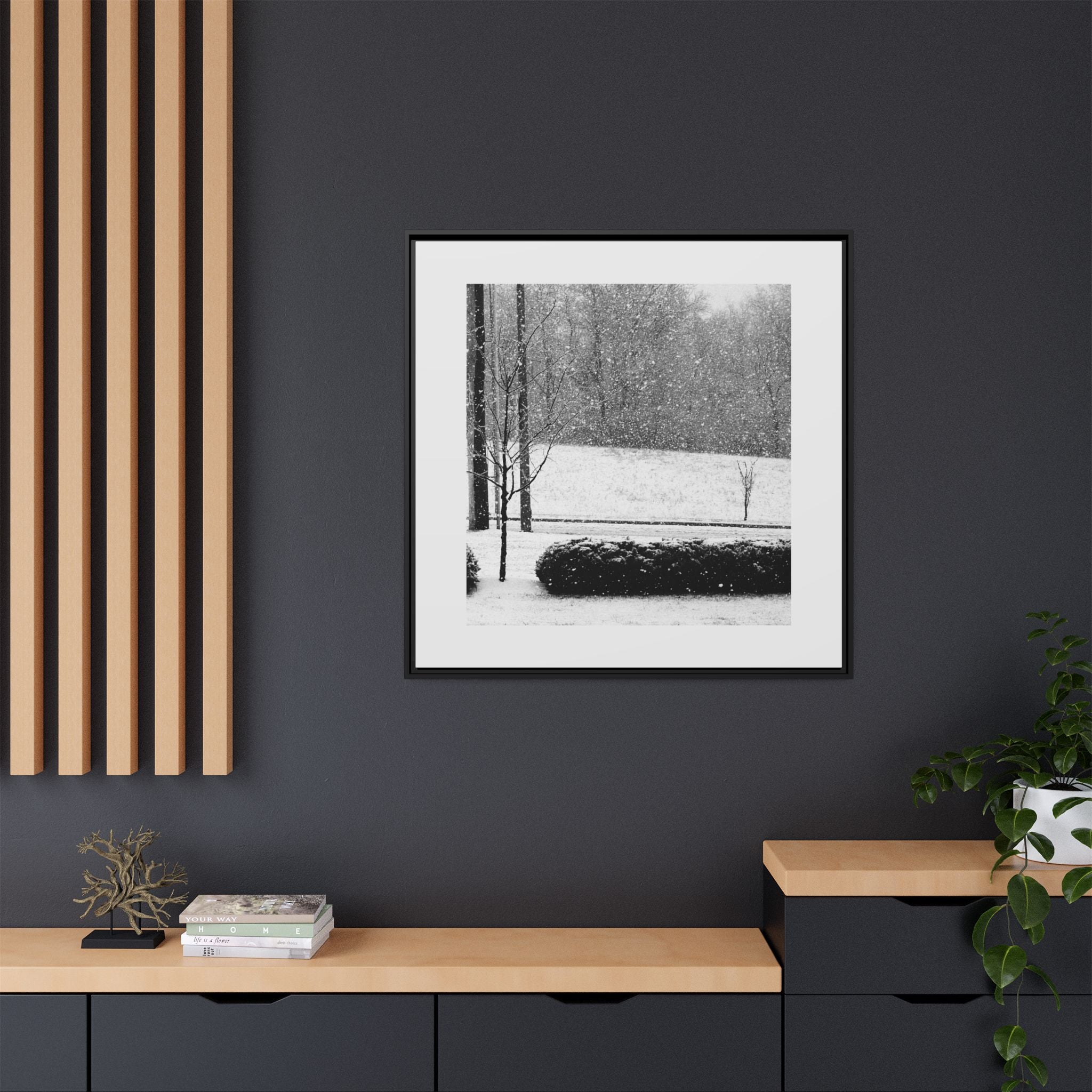 Framed Snowing in the Park - Framed Matte Canvas Print — Black & White Snow Landscape