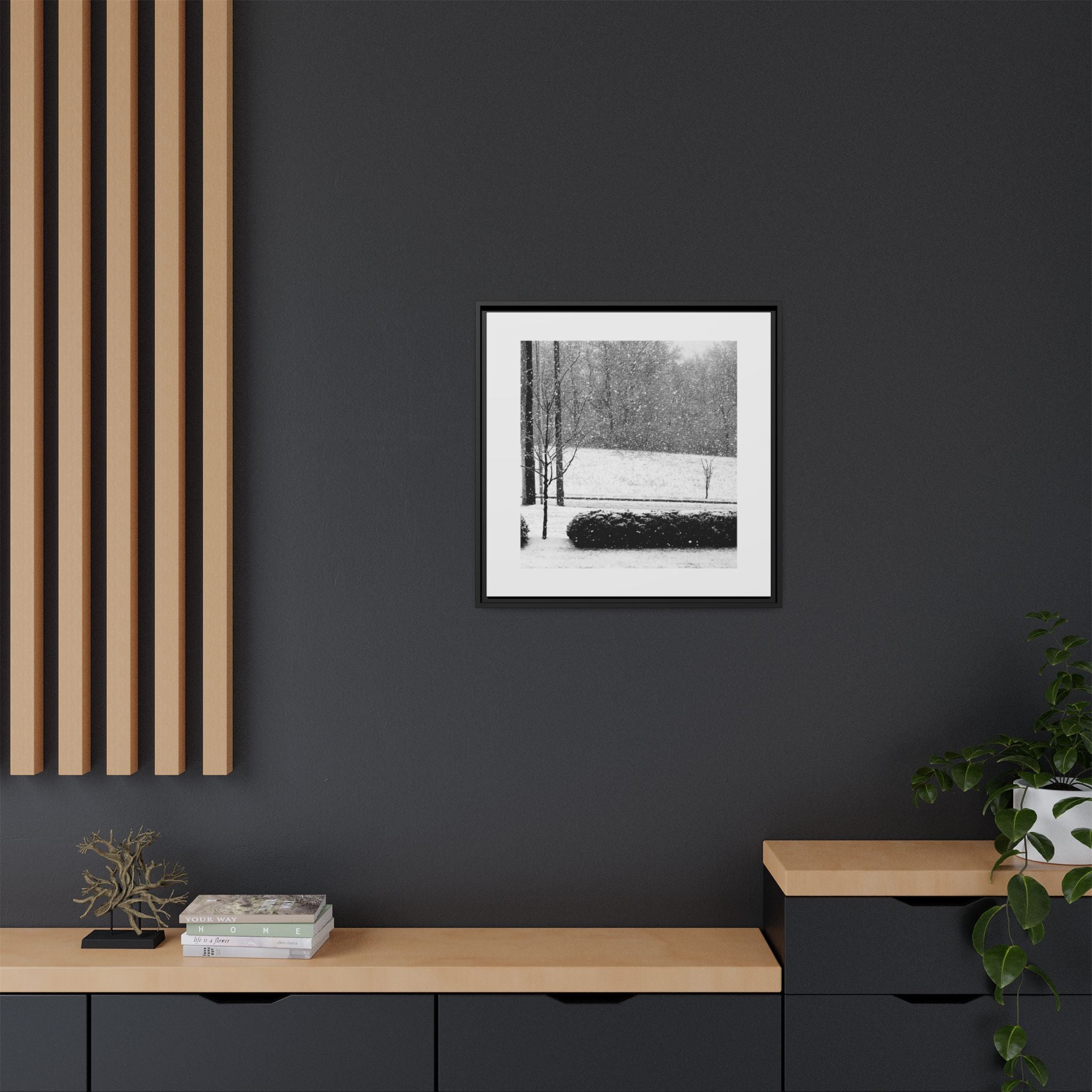 Framed Snowing in the Park - Framed Matte Canvas Print — Black & White Snow Landscape