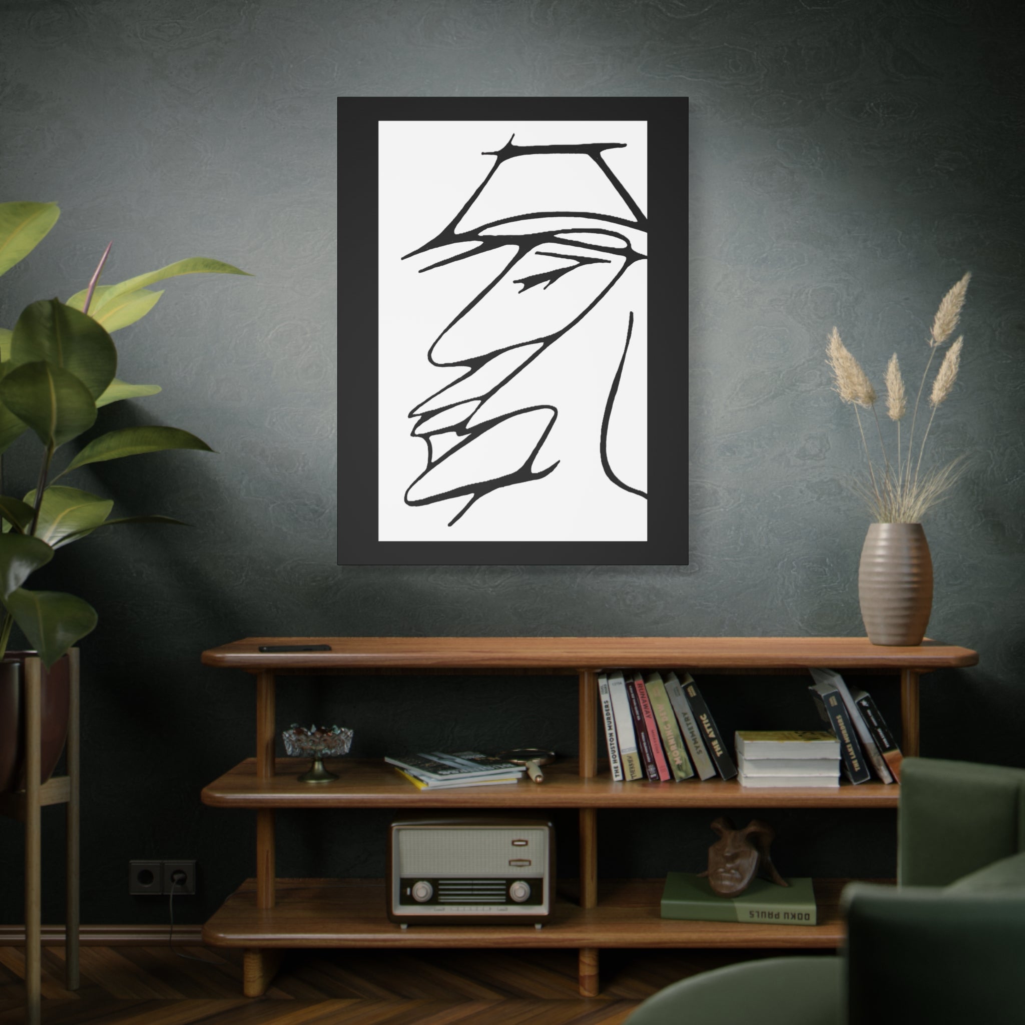 Abstract Warrior Face - Minimalist Line Art Canvas Print — Profile Face Portrait Matte Stretched
