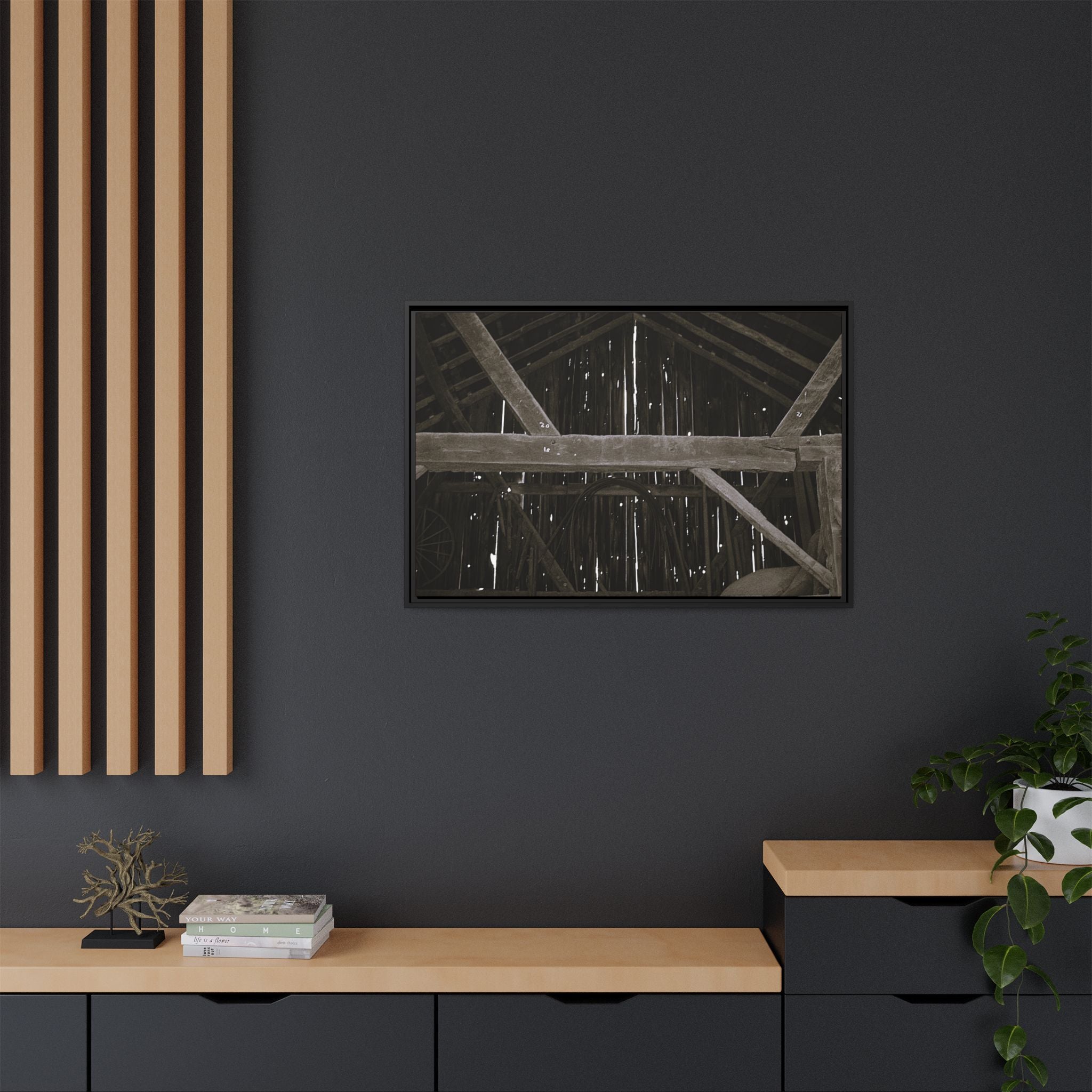 Rustic Barn Interior Framed Canvas Print — Farmhouse Wall Art